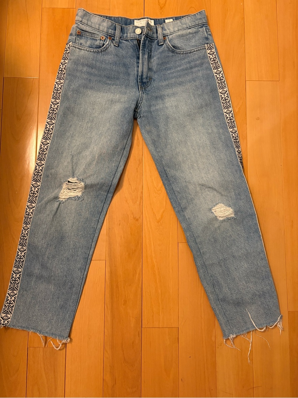 Lucky Brand Woman's Relaxed Fit Taper Side Stripe Distressed Blue